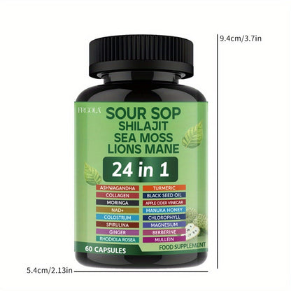 Sea Moss Capsules 24-in-1 Superfood Blend 2238mg with Soursop Shilajit Lion's Mane Graviola