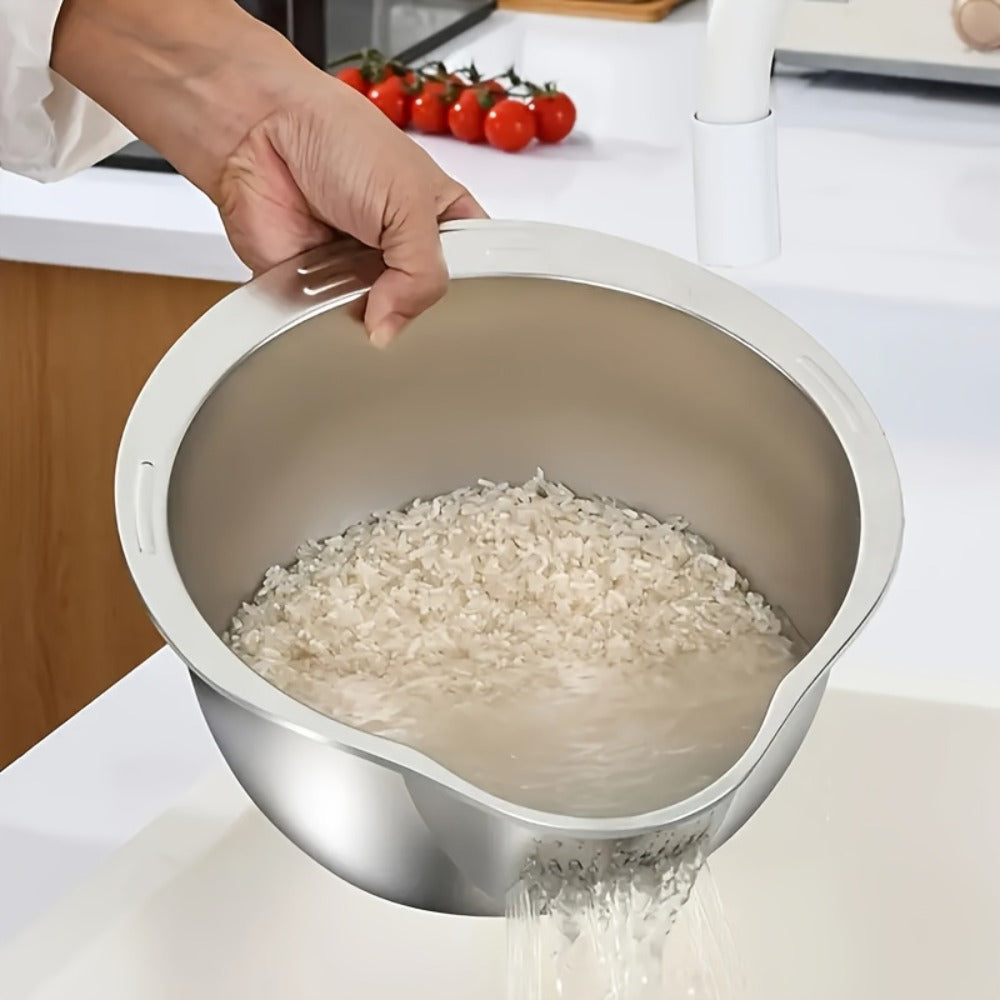 Stainless Steel Kitchen Colander with Handle – Multipurpose Rice Strainer Mesh Basket for Washing Rice