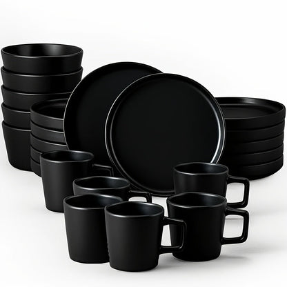 Dinnerware Set Options for Four with Round Plates, Bowls and Cups in Black, Red, Blue, Green or Floral Designs