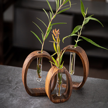 Hydroponic Planter Set 4pcs Walnut Wood & Glass Vase Aerated Root Vertical Aquatic System Desk Decor Home Office Space-Saving