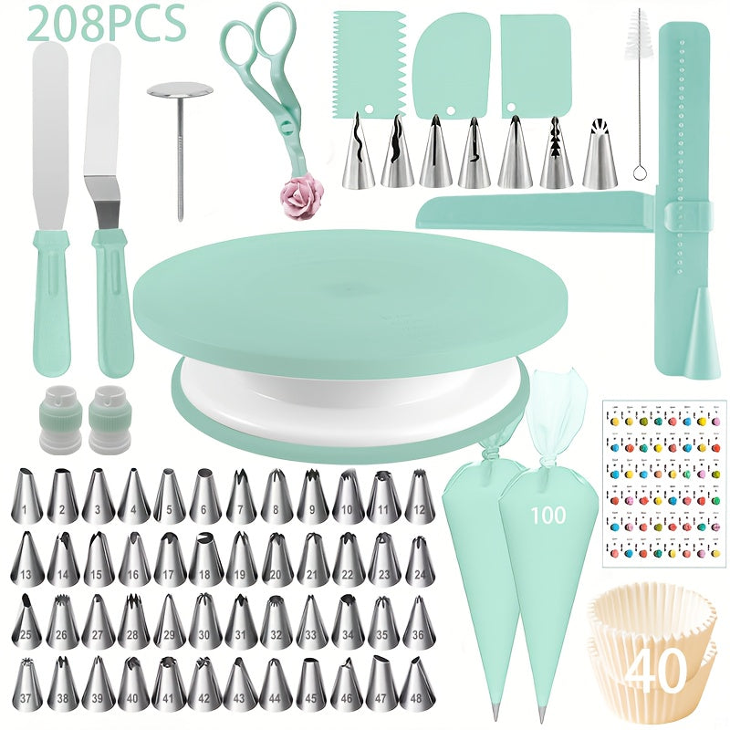 Cake Decorating Supplies Kit 208pcs, Stainless Steel Piping Nozzles Set with Cake Turntable Piping Bags Muffin Cups Chocolate Molds