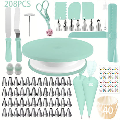 Cake Decorating Supplies Kit 208pcs, Stainless Steel Piping Nozzles Set with Cake Turntable Piping Bags Muffin Cups Chocolate Molds