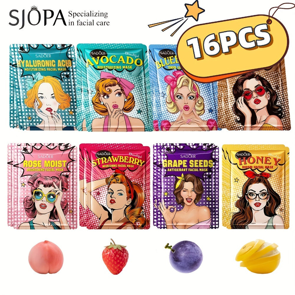 Sixteen-Piece Sheet Mask Assortment with Illustrated Fruit and Honey Labels in Individual Pouches