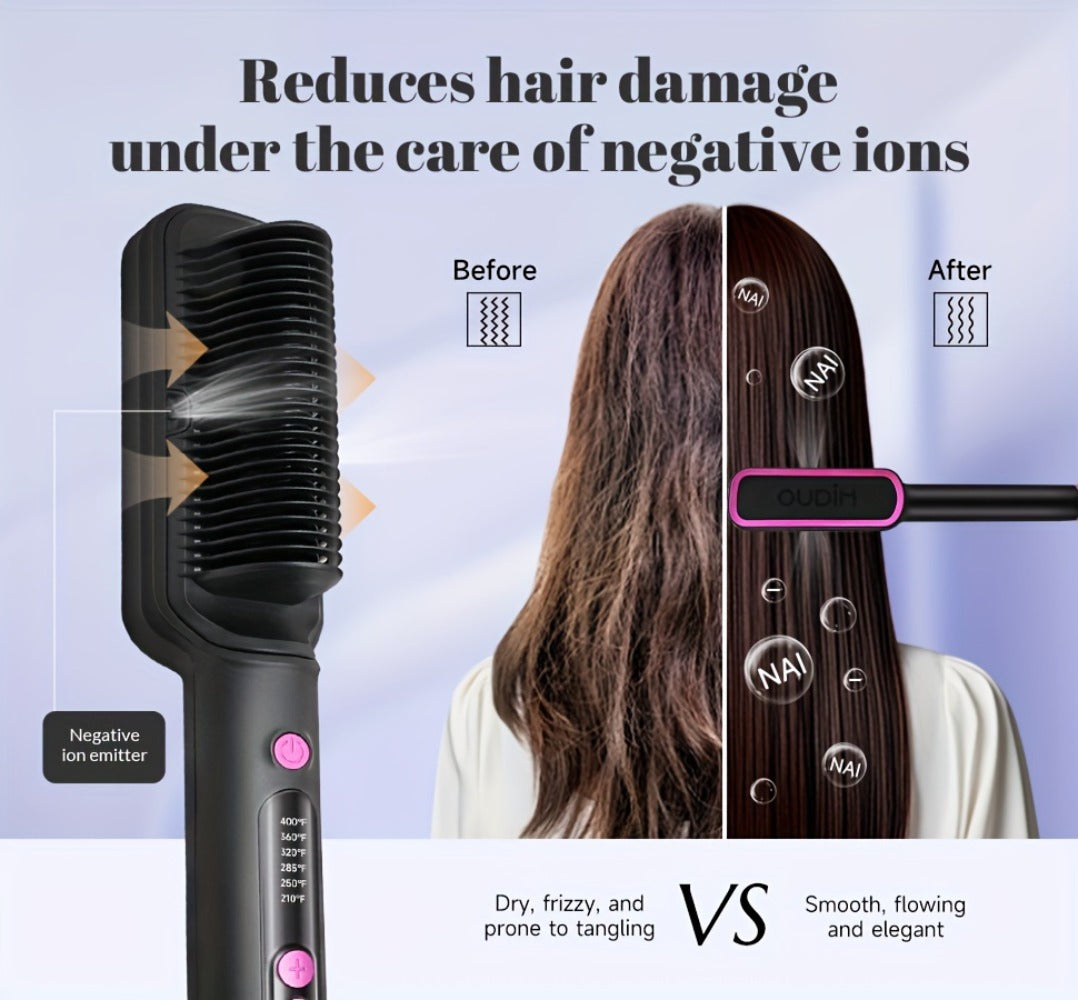 6-Setting Ionic Hair Straightener Brush with Fast Heat-Up & Anti-Scald Protection, for Home, Travel and Salon Hair Styling