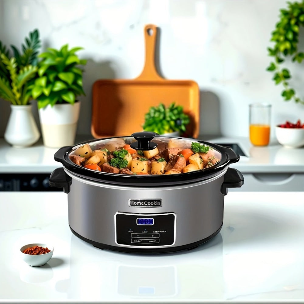 Slow Cooker 7.5 Quart Digital Programmable with Timer Ceramic Pot Stainless Steel Housing for Entryways, Bedrooms and Living Spaces