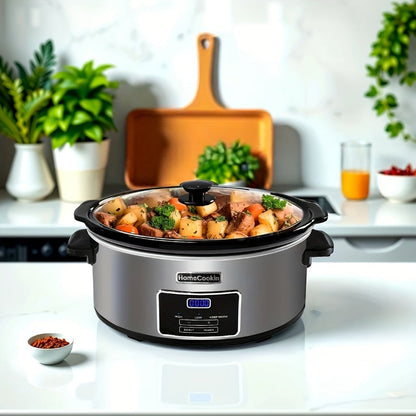 Slow Cooker 7.5 Quart Digital Programmable with Timer Ceramic Pot Stainless Steel Housing for Entryways, Bedrooms and Living Spaces