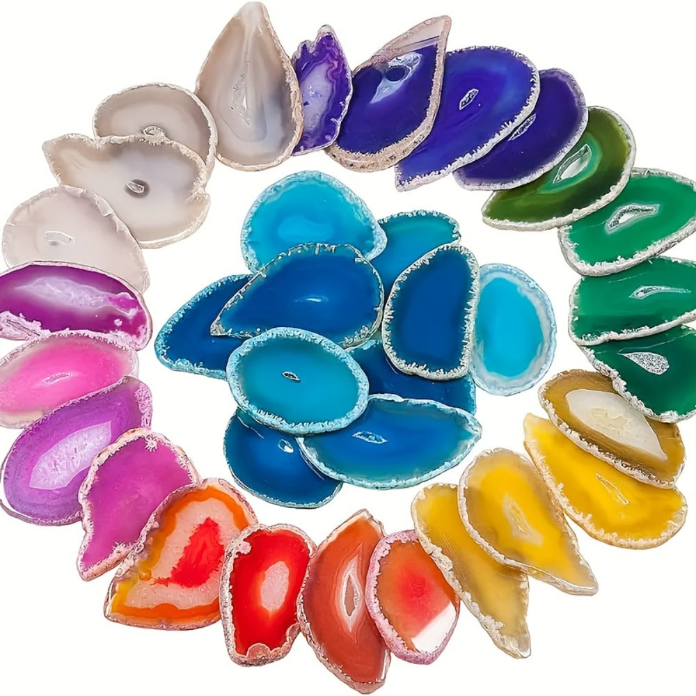 Natural Agate Slices Pendants 20pcs – Mixed Colors Polished Stone Drilled Beads for Jewelry Making, Wind Chime & DIY Crafts