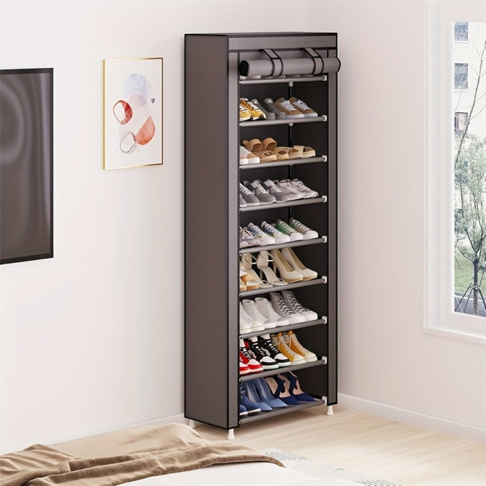 Shoe Rack 10-Tier Gray Portable Organizer for Up to 50 Pairs with Nonwoven Cover and Steel Frame