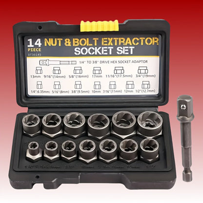 Nut Extractor Kit 14pcs, Damaged Bolt & Nut Remover Set with 13 Stripped Nut Extractors & 1 Hex Socket Adapter