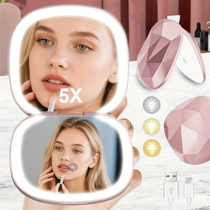 LED Makeup Mirror with 5X Magnification & 3 Color Lights – Dual Sided 1X 5X Lighted Vanity Mirror, Portable Compact Travel Mirror for Women