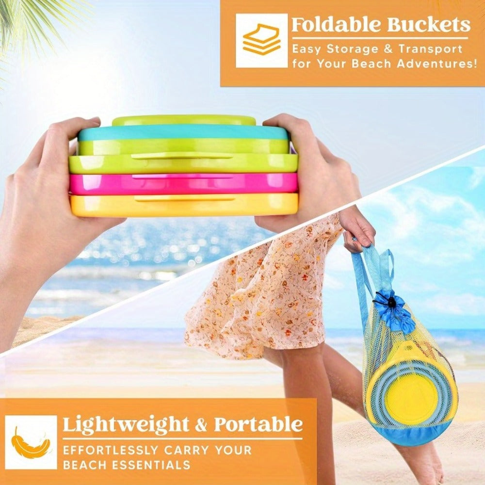 Collapsible Beach Bucket Set 3-Pack with Shovels & Mesh Backpack, Foldable Sand Pail Kit for Kids