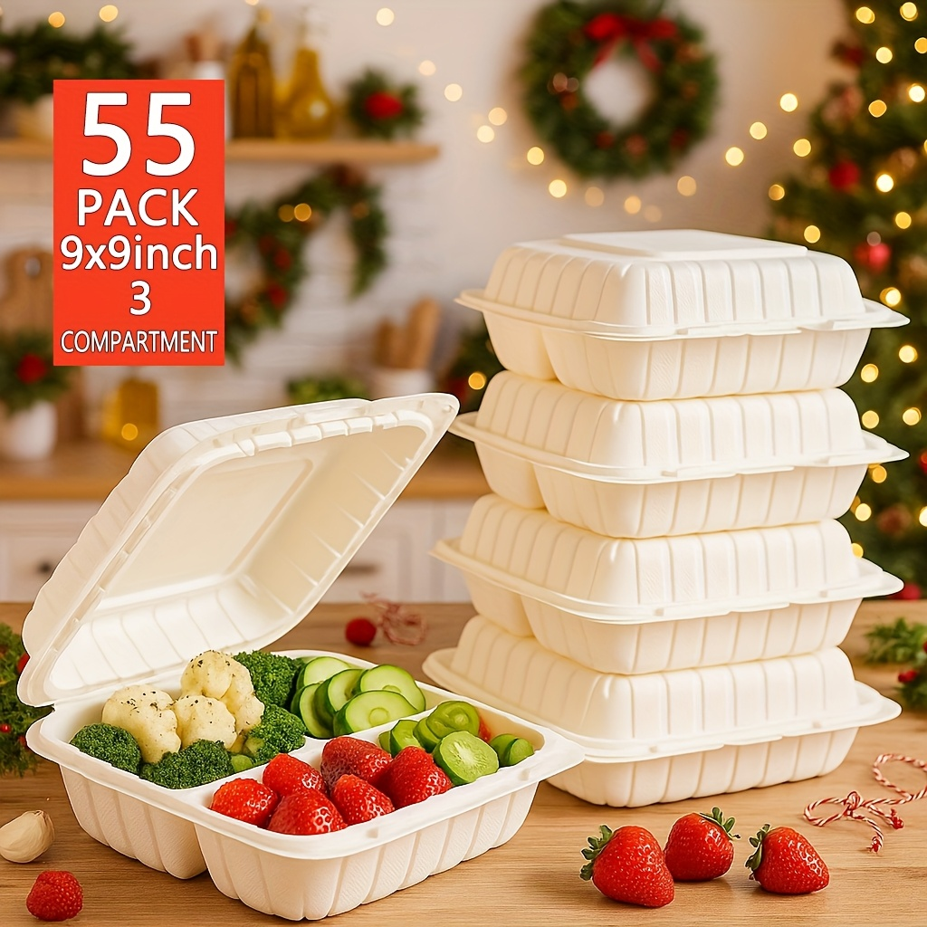 Disposable Food Containers Take Out Boxes with Lids - 7" 8" 9" Plastic Clamshell Meal Prep Containers 1 & 3 Compartment Reusable White