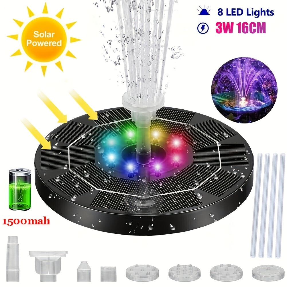LED Solar Fountain Pump with 3W 16 cm Disc, 1500mAh Battery and Six Pictured Spray Combinations