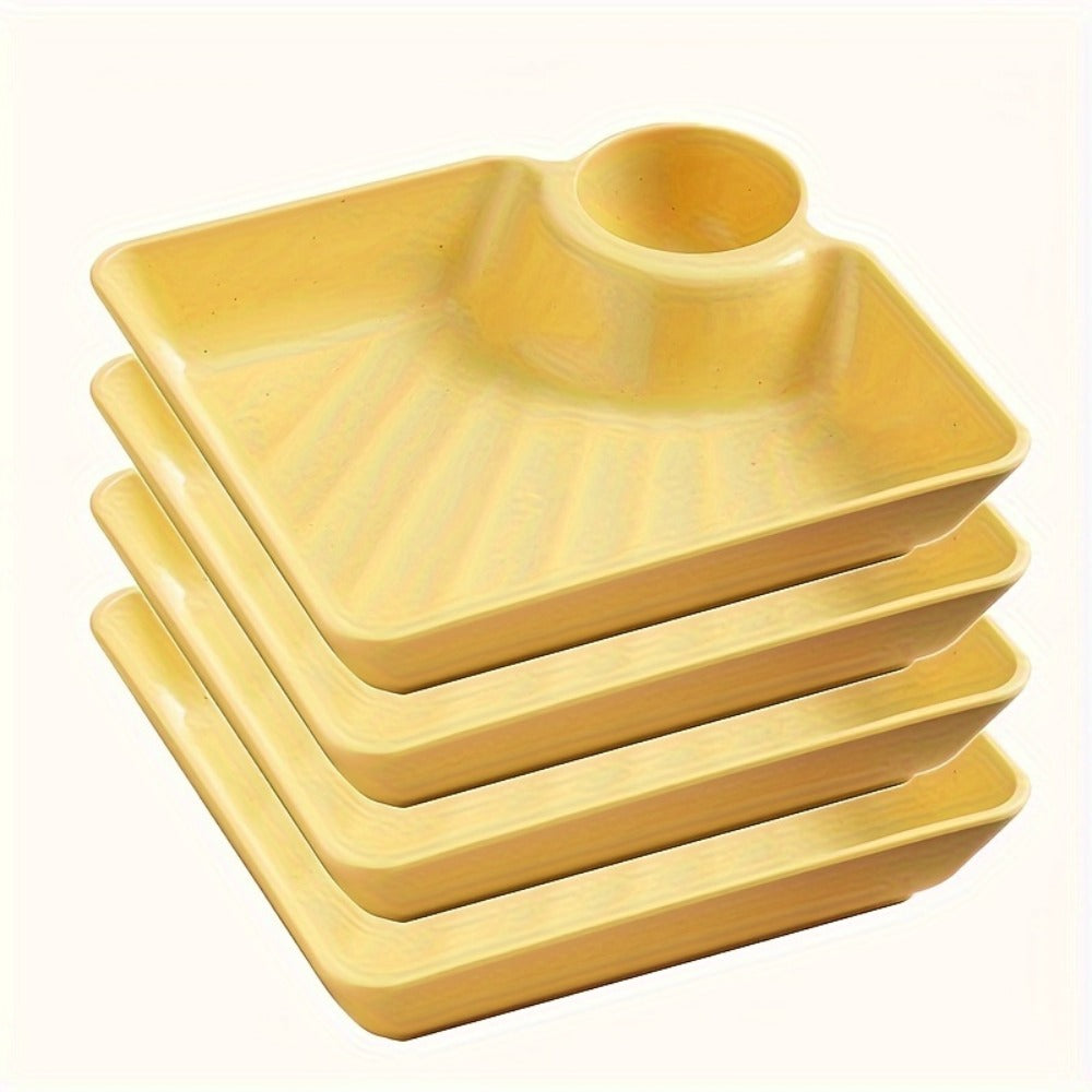 Colorful Serving Plates Set 4 Piece – BPA-Free PP Rectangular Snack, Sushi & Appetizer Plates with Dipping Sauce Compartments