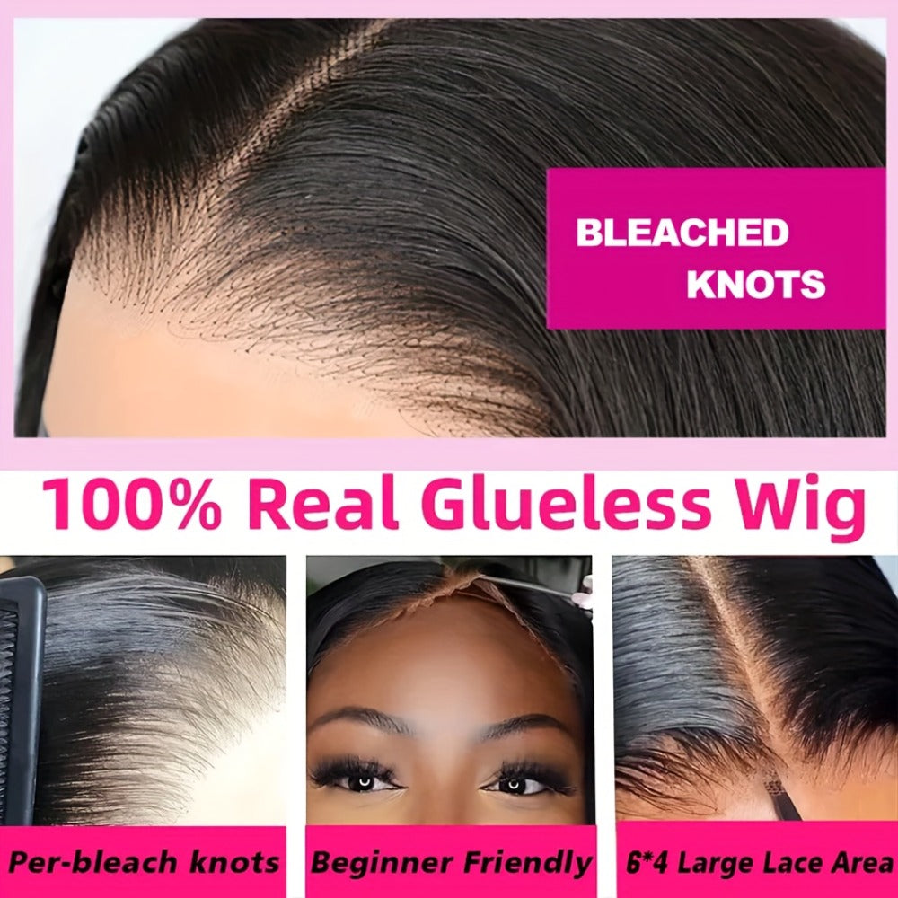 Wig Bone-Straight Glueless Human Hair in Natural Black, 10-34 Inch Options with Pre-Cut 6x4.5 Lace