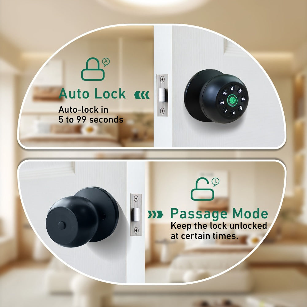 Matte Black Smart Door Knob Lock with Fingerprint & Keypad, App Control, Auto Lock for an Everyday Personal Care Routine