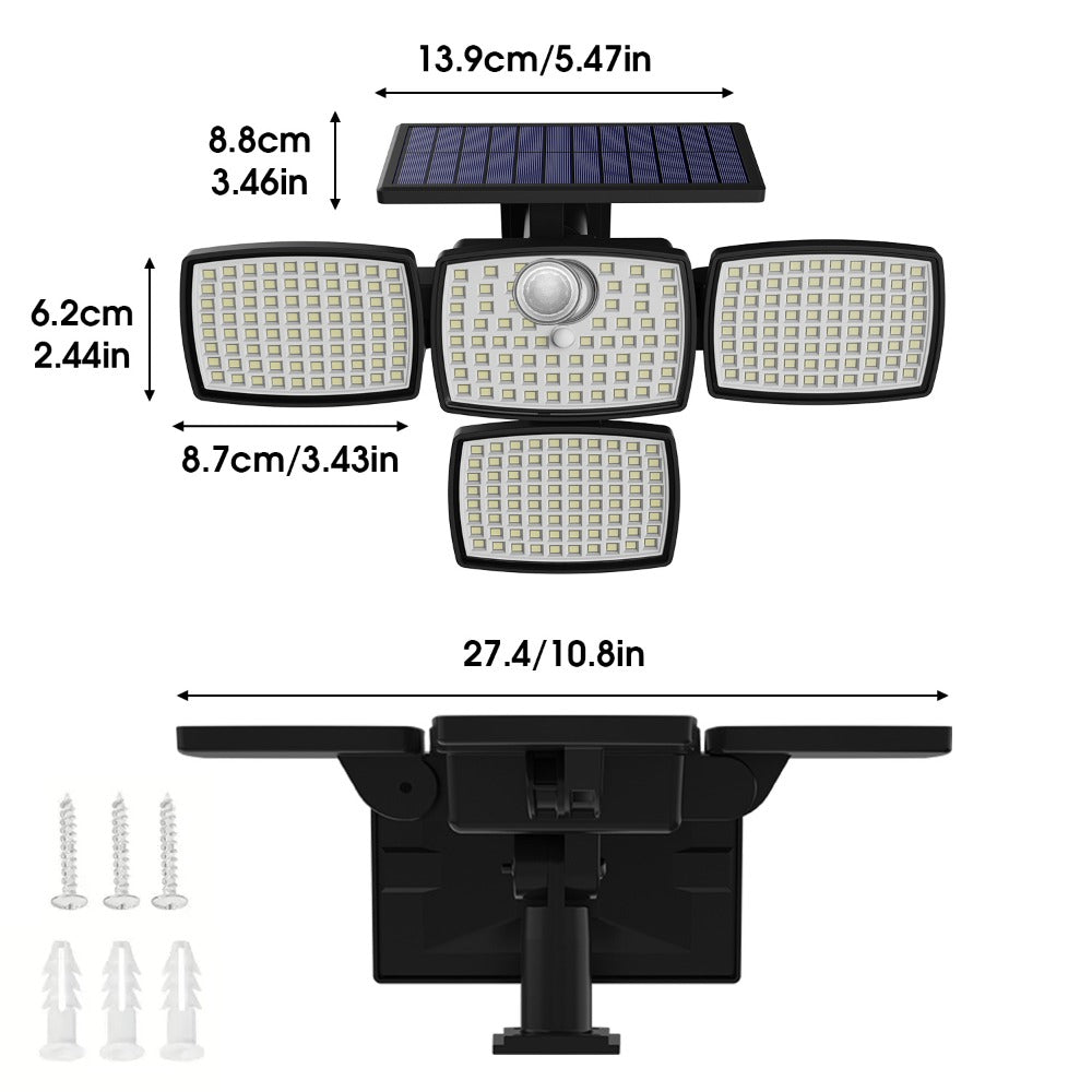 Solar Outdoor Motion Sensor Light 4-Head 3000LM, 270° Wide Angle, 3 Modes, Remote Control for Garden, Pathway and Patio Lighting