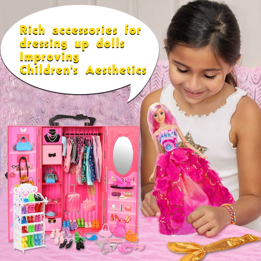 Doll Closet Playset 105 Piece Rose Wardrobe for 11.5 Inch Dolls, Wedding Gowns Fishtail Dress Swimsuit Shoes Handbags Crowns & Necklaces