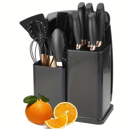 19-Piece Non-Stick Silicone Cookware Set with Bamboo Storage, Knives & Wooden Handle, Pots, Pans & Utensils for Induction & Oven