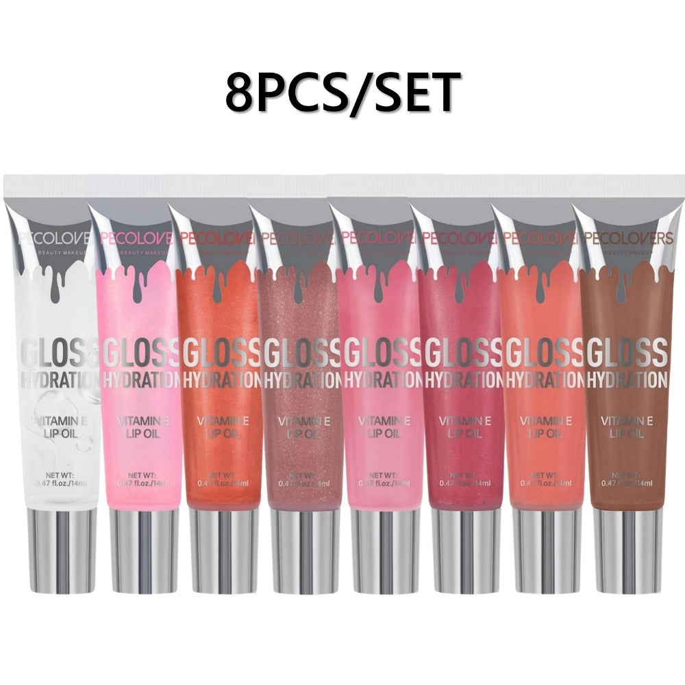 Pearlescent Glitter Lip Gloss Set 8 Pieces with Lip Oil Formula, for Makeup, Travel and Everyday Vanity Use