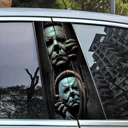 Two-Piece Masked Figure Car Window Decal Set with Stacked Black-and-Gray Horror Portrait Panels