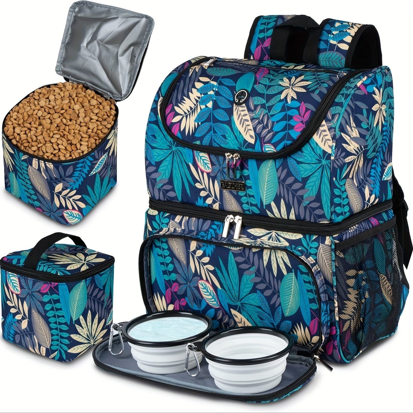 Pet Travel Backpack Double Layer Dog Cat Supplies Bag with 2 Collapsible Bowls 2 Food Baskets Portable Organizer for Outdoor Hiking Camping