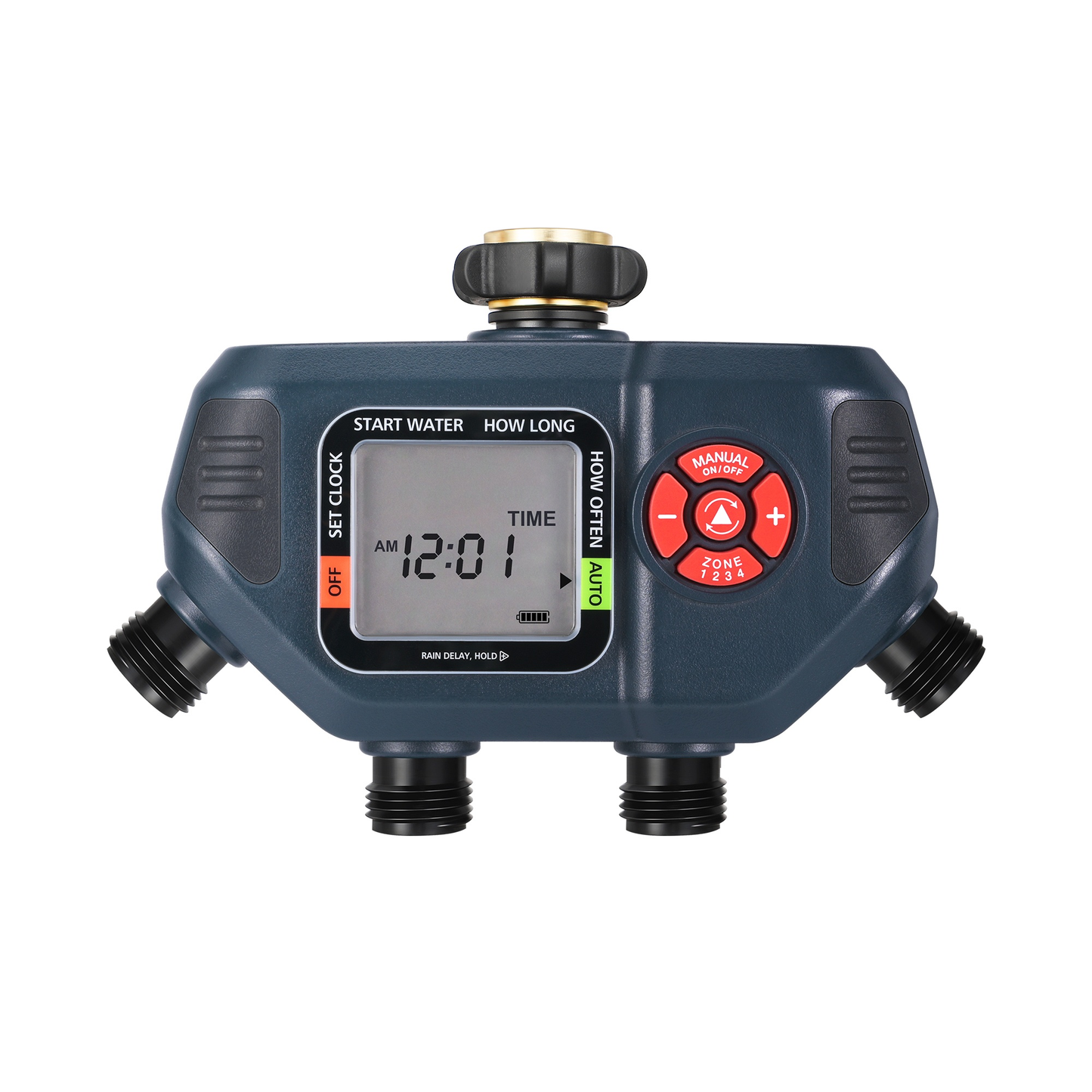 Four-Zone Digital Sprinkler Timer with Independent Water Outlets, LCD Screen, Manual Control and Rain-Delay Mode