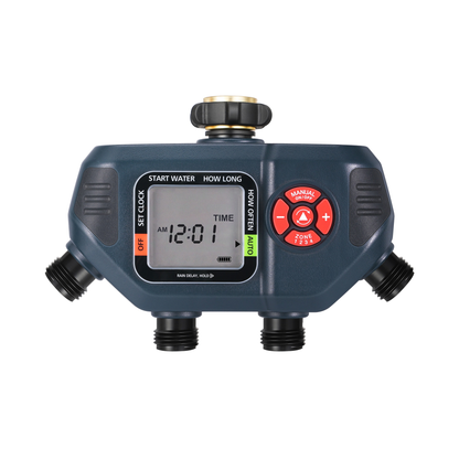 Four-Zone Digital Sprinkler Timer with Independent Water Outlets, LCD Screen, Manual Control and Rain-Delay Mode