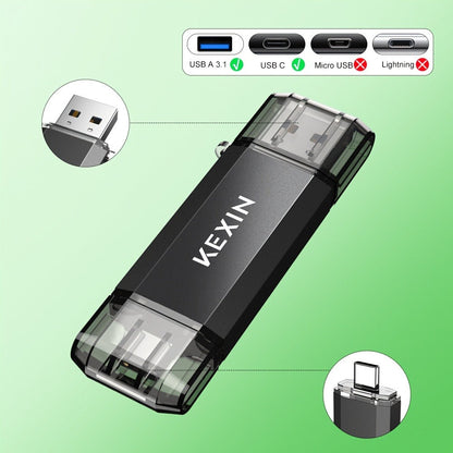 USB Flash Drive KEXIN 2-in-1 USB 2.0 and Type-C Rotating Memory Stick in 32GB, 64GB or 128GB