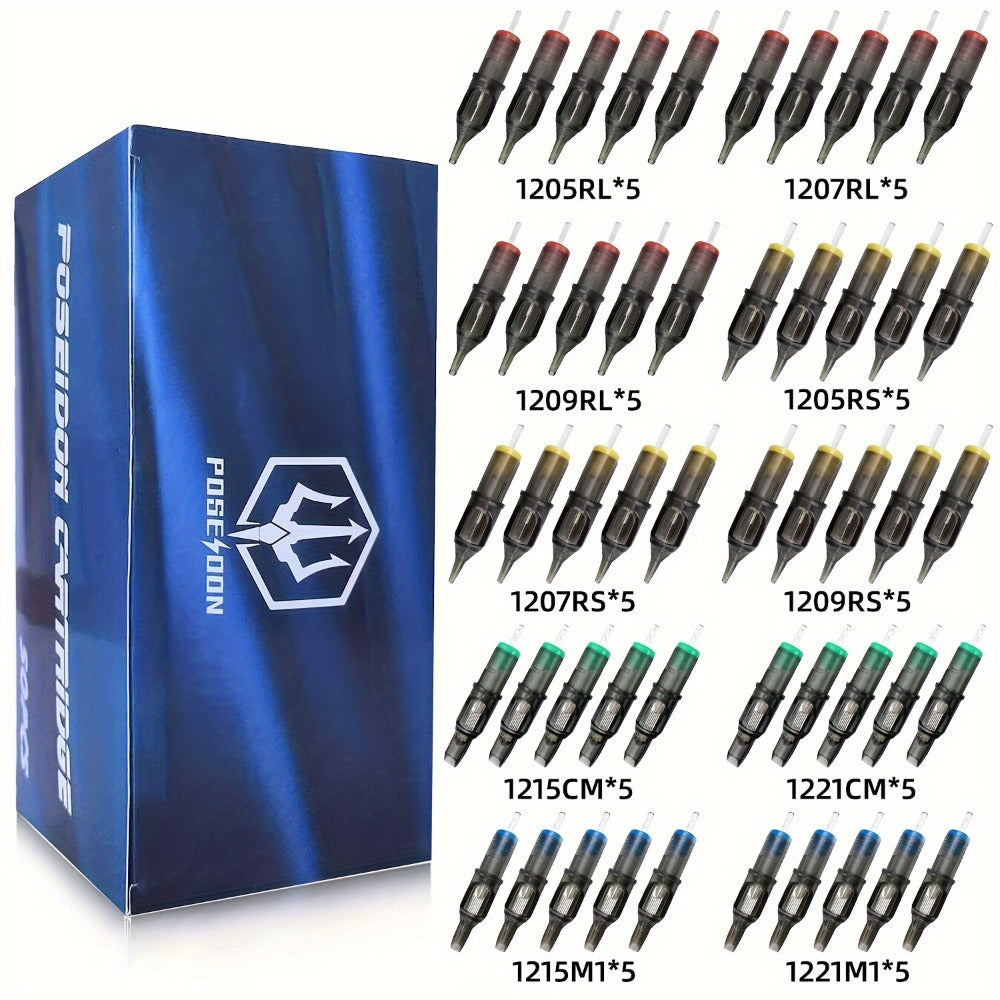 Curved Magnum Tattoo Cartridge Needles 50pcs Mixed Set - Round Mag CM RM Long Taper #12 Standard Disposable Membrane