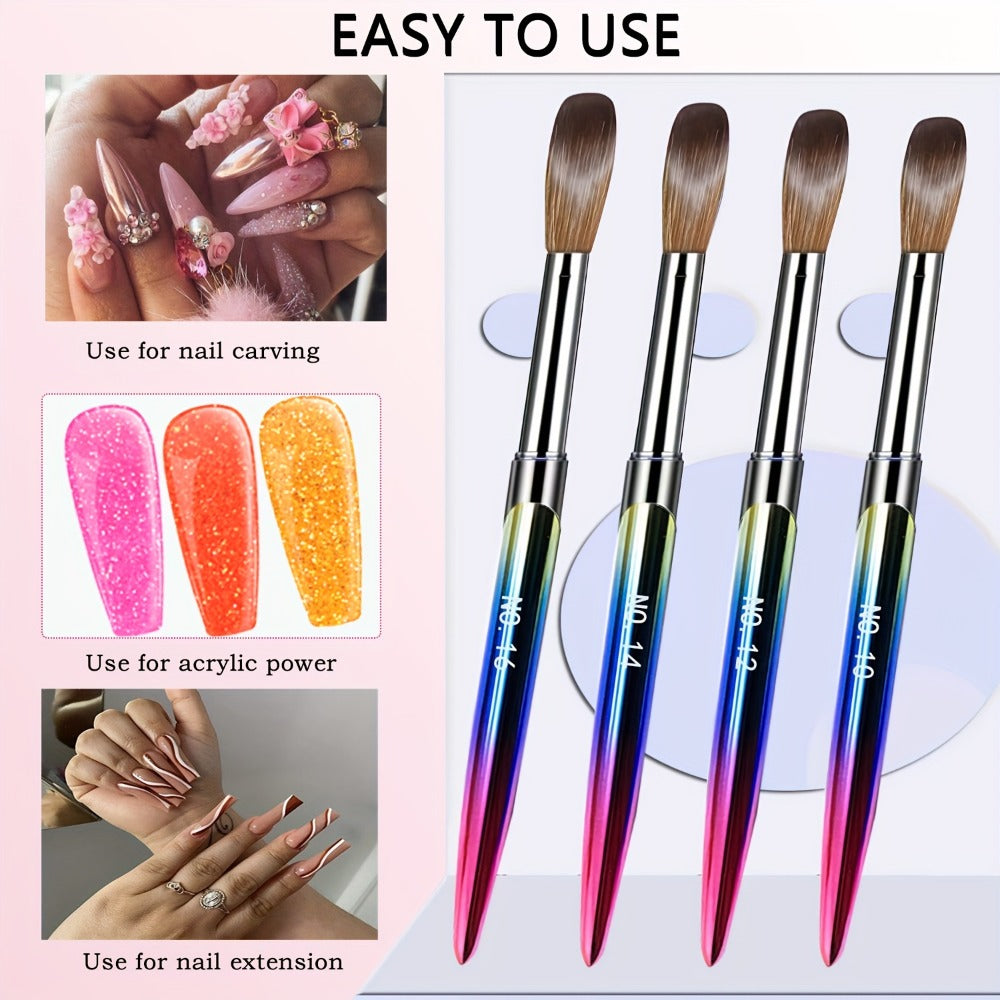 Kolinsky Acrylic Nail Brush Set 4Pcs – Sizes 10 12 14 16 for Acrylic Powder Application, Nail Extensions & 3D Nail Art Carving