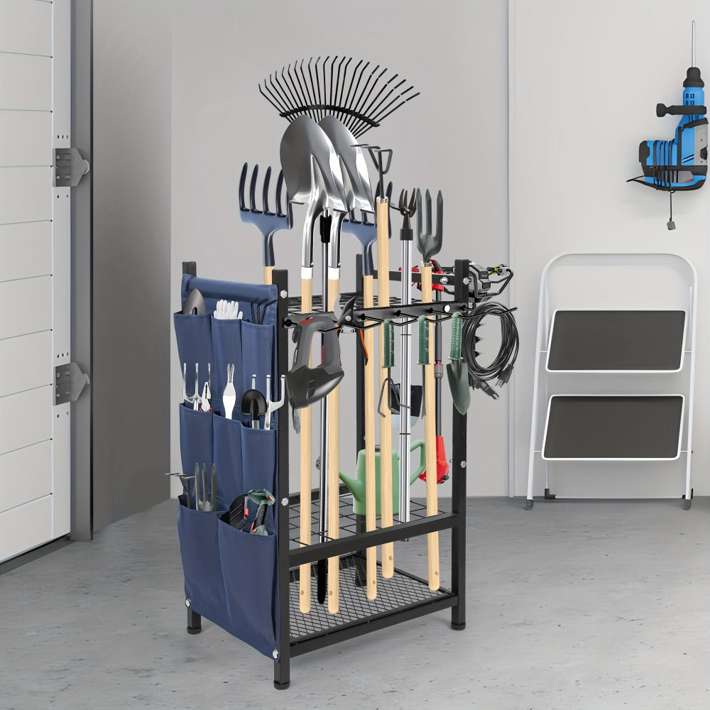 Tool Storage Rack with Storage Bag, Metal Yard Tool Organizer for Garage Holds 35 Long-Handled Tools