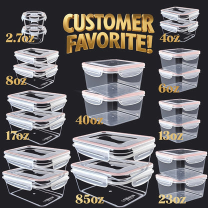 Food Storage Containers with Lids, 10- or 40-Piece PP Set with Easy-Snap Lids, Labels and Markers in Two Colors