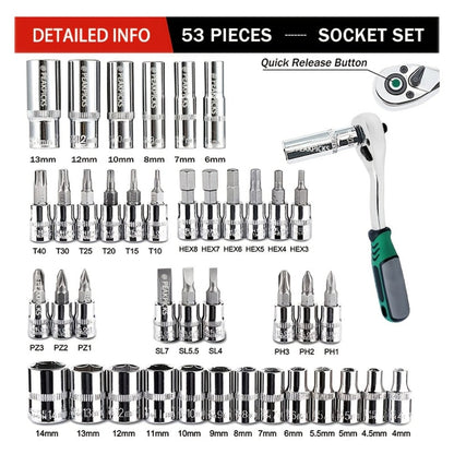Mechanic Tool Kit Auto Repair Socket Set 1/4" 3/8" 1/2" Drive Ratchet Wrench Combination – 53 to 216-Piece Professional Grade Car Repair