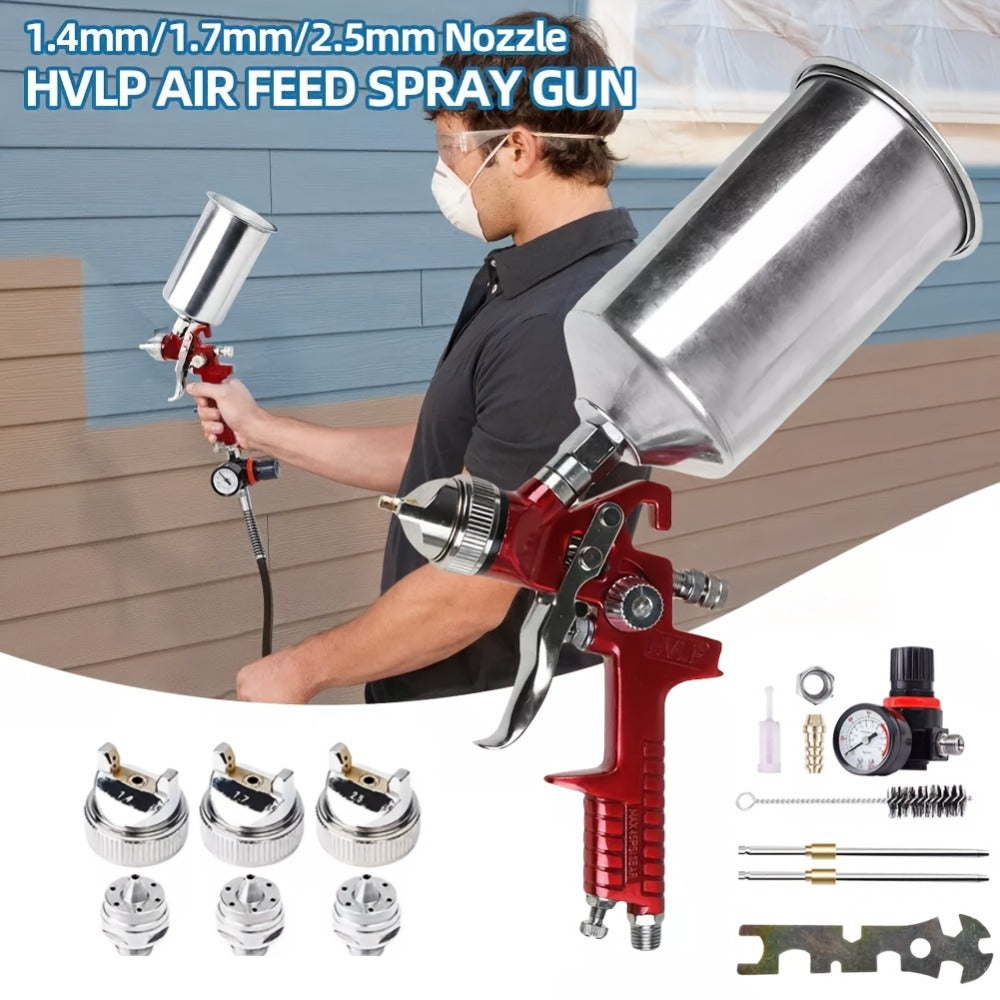 HVLP Gravity Feed Spray Gun Set – 3 Nozzles (1.4 / 1.7 / 2.0mm) with 1000cc Aluminum Cup for Automotive Painting, Base Coat