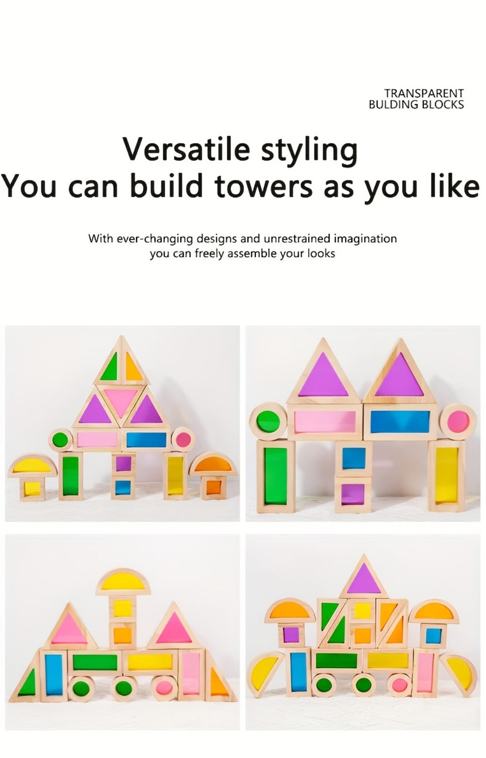 Building Block Set Translucent Acrylic Geometric Shapes with Colorful Triangle, Circle, Arch and Window Pieces