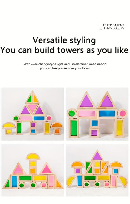 Building Block Set Translucent Acrylic Geometric Shapes with Colorful Triangle, Circle, Arch and Window Pieces