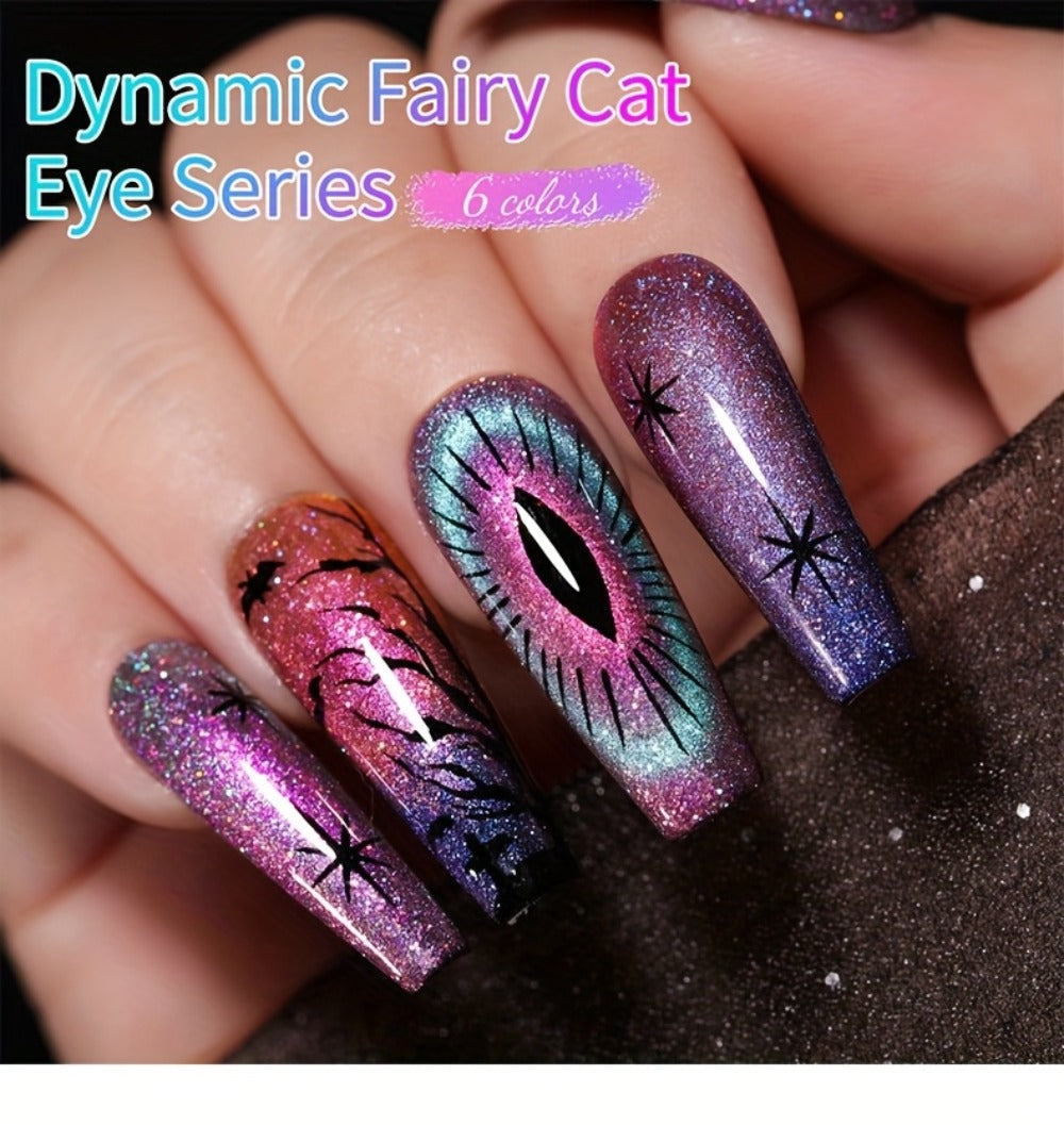 Cat Eye Gel Polish Set 6 Colors Holographic Magnetic – Dynamic Elf Reflective Soak Off UV LED Nail Gel 0.51oz Each | Multidimensional