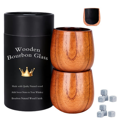 Charred Wooden Bourbon Whiskey Glass Set, 2 Jujube Wood Old Fashioned Tumbler Glasses & 8 Granite Whiskey Stones