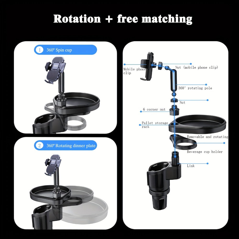 Car Cup Holder Expander with 7.7 Inch Tray, 2.7 Inch Drink Ring, Phone Mount and 58-86 mm Adjustable Base