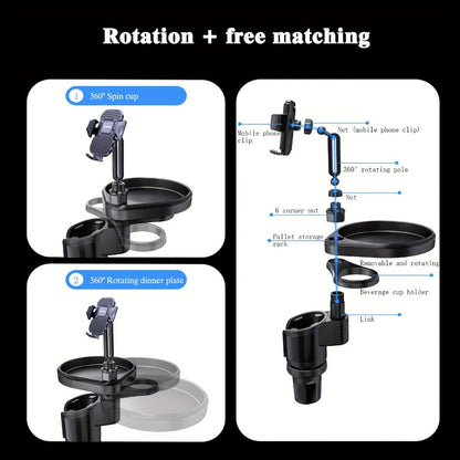 Car Cup Holder Expander with 7.7 Inch Tray, 2.7 Inch Drink Ring, Phone Mount and 58-86 mm Adjustable Base