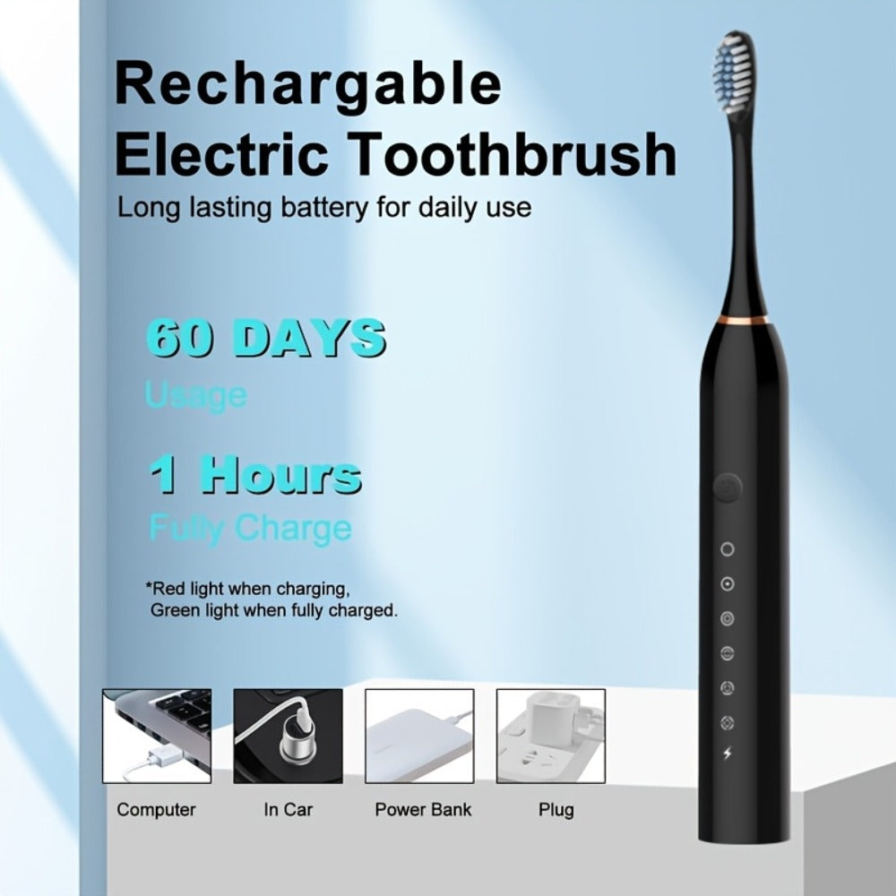 Rechargeable Electric Toothbrush 6 Cleaning Modes with 8 Brush Heads – USB Charge, Soft Bristles, Portable for Travel & Home Use