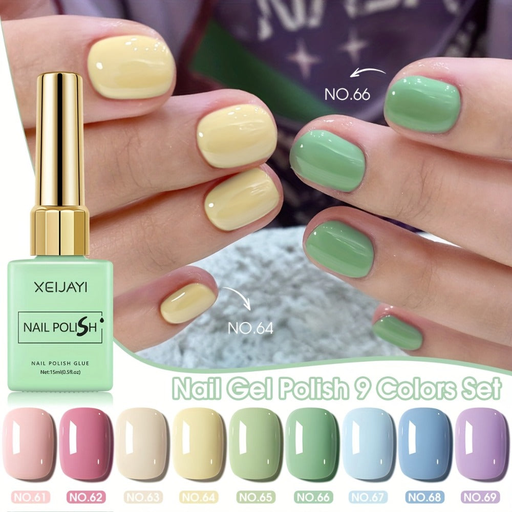 Gel Nail Polish 9-Color Macaron Pastel Set in Square Bottles with High-Saturation Finish and UV/LED Cure for Nail Art