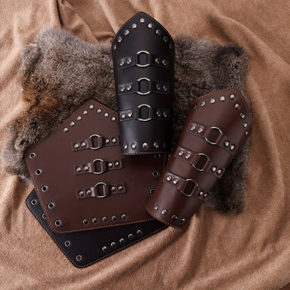 Medieval Arm Bracers 2pcs PU Leather Gauntlet Wristbands for Men, Renaissance Knight Warrior Viking Cosplay Costume Prop for Halloween LARP