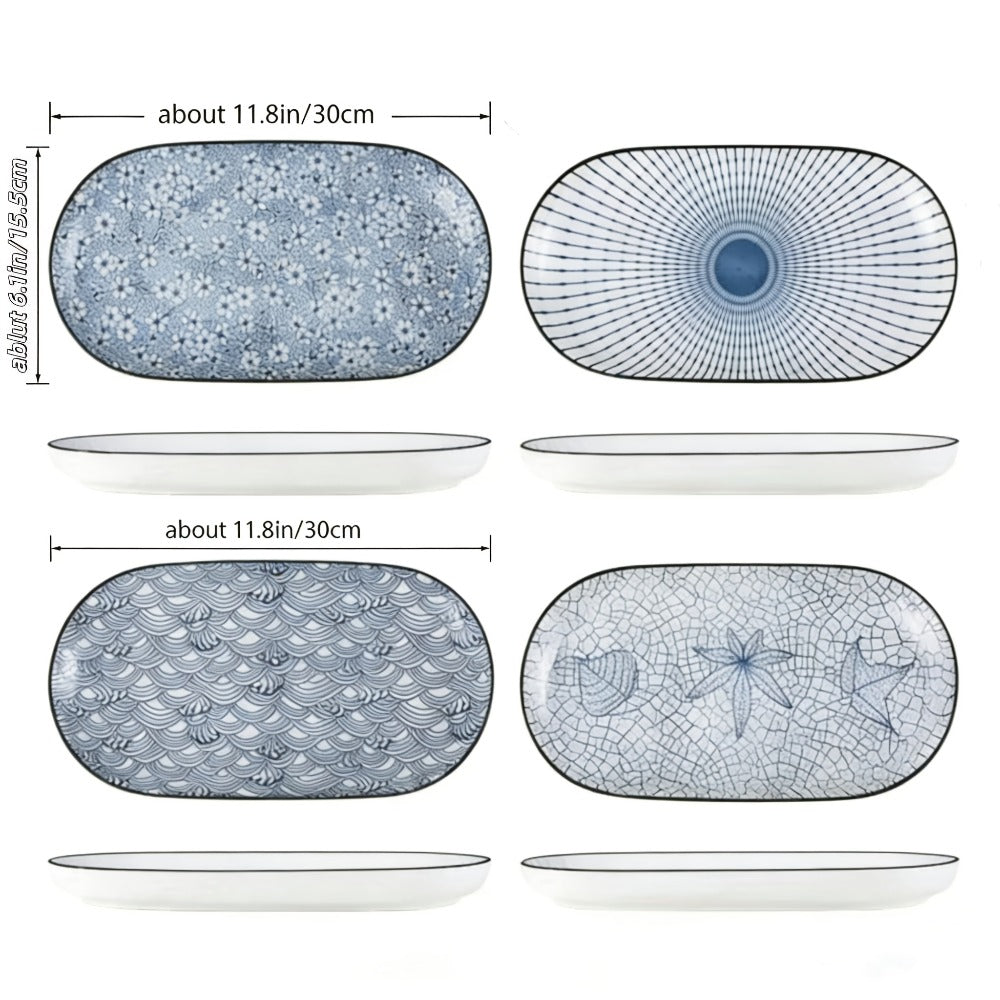 Japanese Blue White Porcelain Fish Plates Set of 4 – 12 Inch Ceramic Serving Plates, Microwave & Oven Safe Steaming Baking Tableware