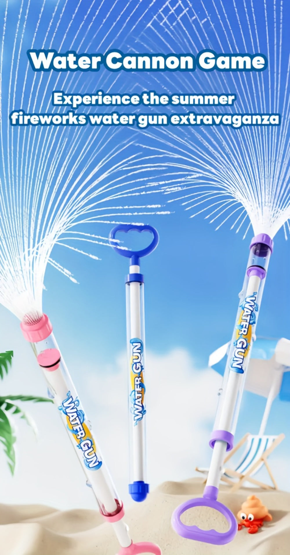 Firework-Shape Manual Water Blaster Set with Three or Six Pull-Push Wands in Blue, Purple and Pink