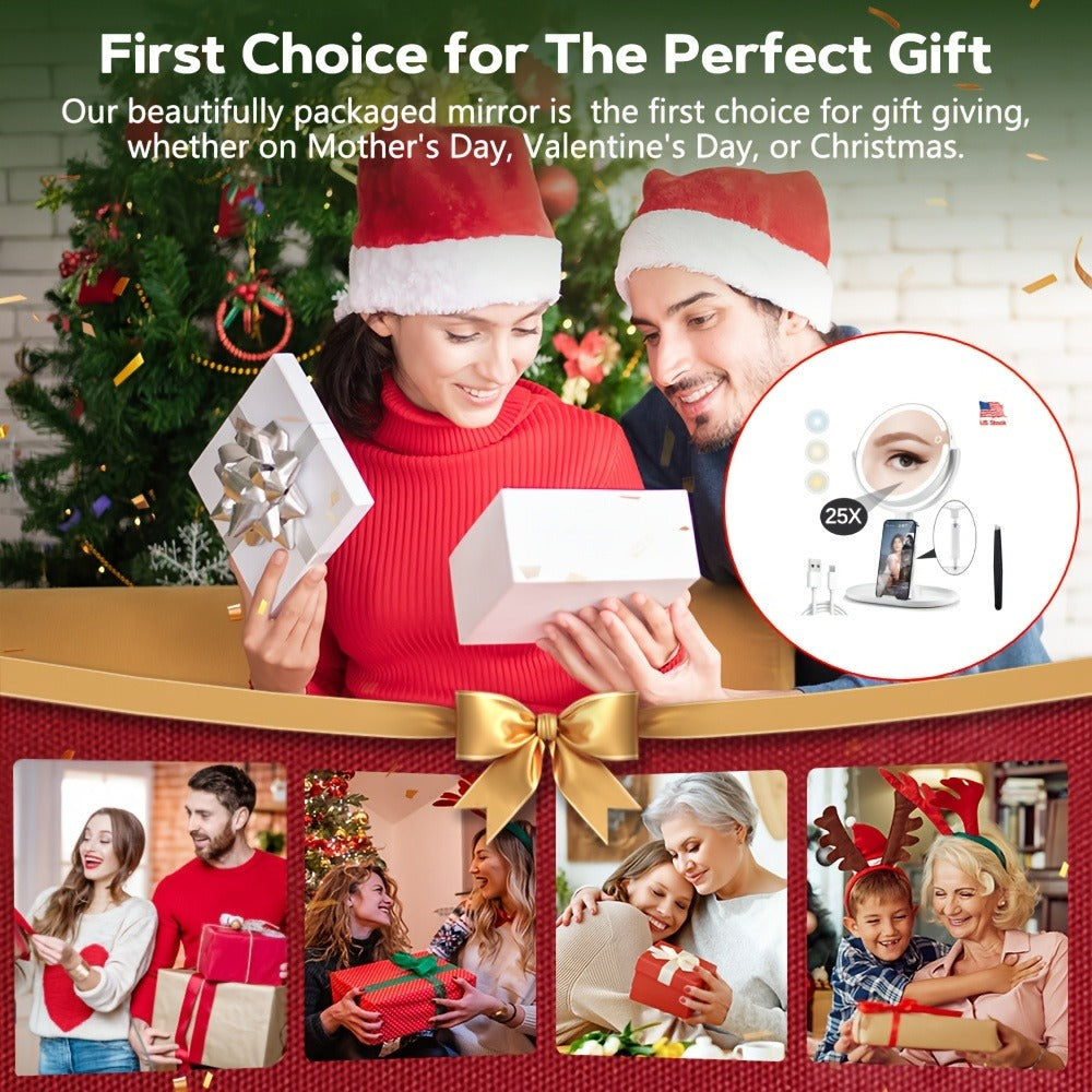 Makeup Mirror with Lights, 8-Inch Dual-Sided 1X and 25X with 80 LEDs, Three Light Colors, Touch Control and USB-C Charging
