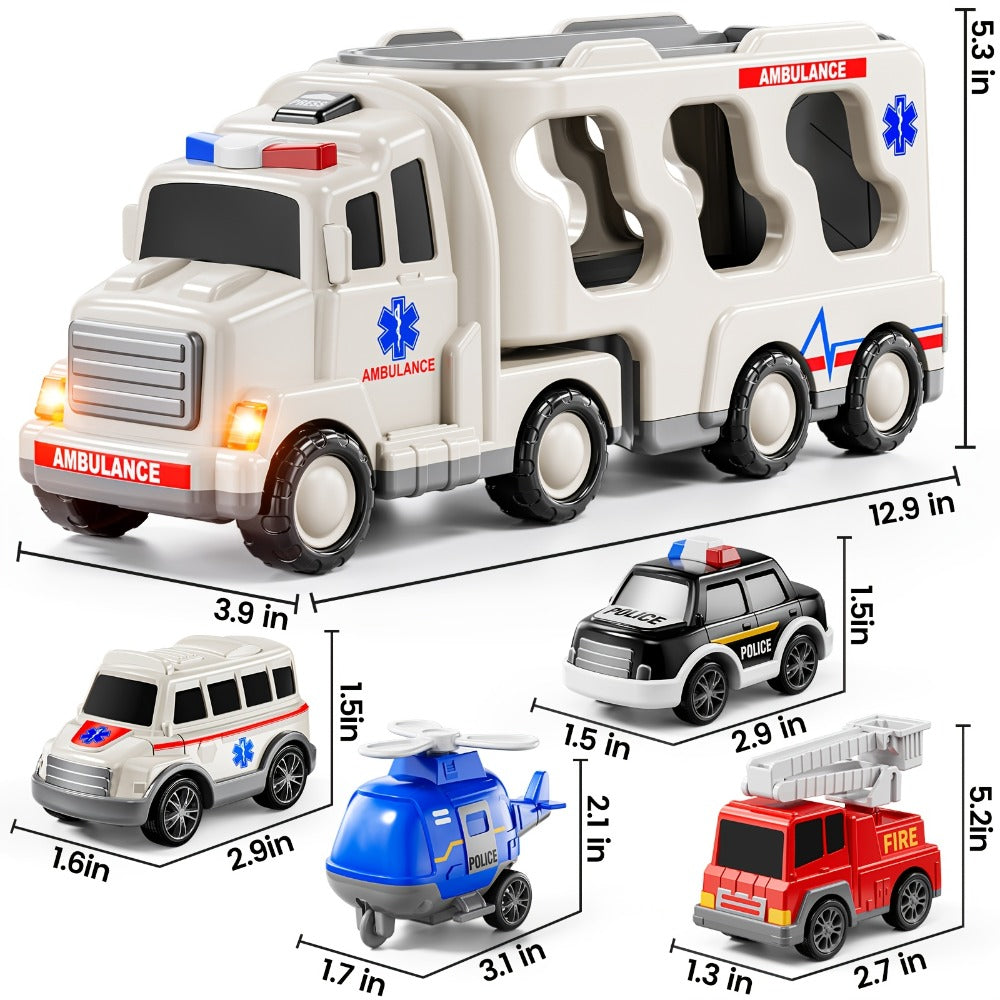 Ambulance Truck Toy Set for Boys, 5-in-1 Friction Power Carrier Truck with Lights & Sounds