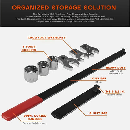 Serpentine Belt Tool Set 8-Piece, Universal 3/8" & 1/2" Drive Belt Tensioner Wrench Kit with Idler Pulley Adjuster & Crowfoot Wrenches