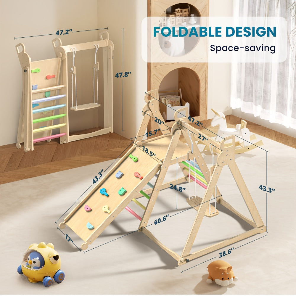 Foldable Indoor Wooden Jungle Gym for Toddlers, 4-in-1 Climbing Frame with Swing, Slide & Ladder